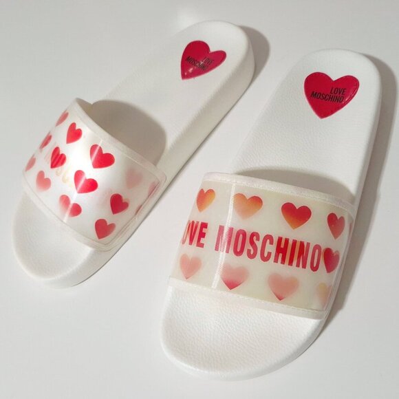 NWOT Love Moschino red & white heart print hologram flat pool slide sandals, 41 - Picture 8 of 16